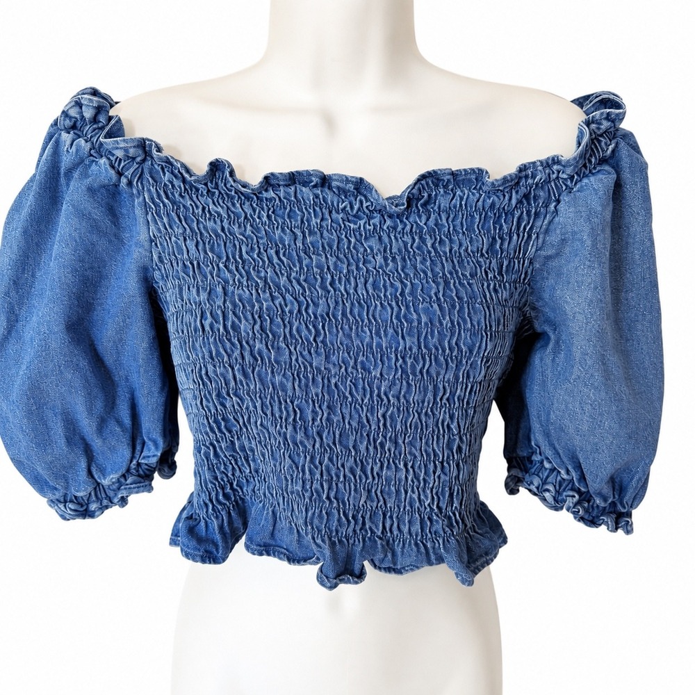 Levis Rey Womens Medium Blue Denim Smocked Off Shoulder Puff Sleeve Crop Top M